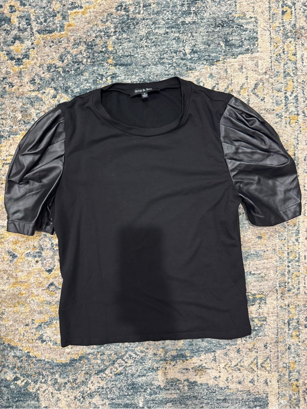 Black Puff Sleeve Top with Faux Leather Sleeves - Anne & Belle